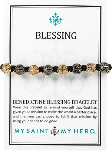 Vista 2 de Pulsera de bendición tejida a mano con abalorios de metal benedictino, sin metal, Negro, BBJRG-101