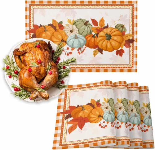 Vista 15 de Juego de 4 manteles individuales de otoño con diseño de calabaza azul, hojas florales, manteles individuales de otoño, lavables, cosecha, Acción