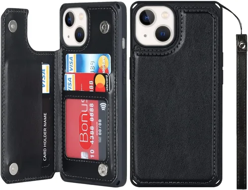 Vista 12 de iCoverCase Funda compatible con iPhone 14 Plus con tarjetero para mujer, bloqueo RFID en relieve, piel sintética con correa de muñeca de 6.7