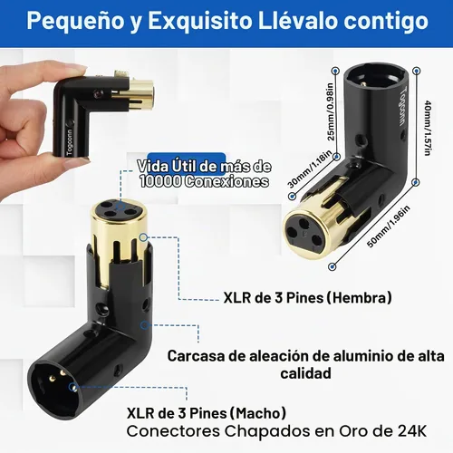 Vista 2 de Adaptador XLR ajustable de 90 grados, paquete de 2 unidades, XLR de 3 pines de ángulo recto macho a hembra, extensor de conector resistente