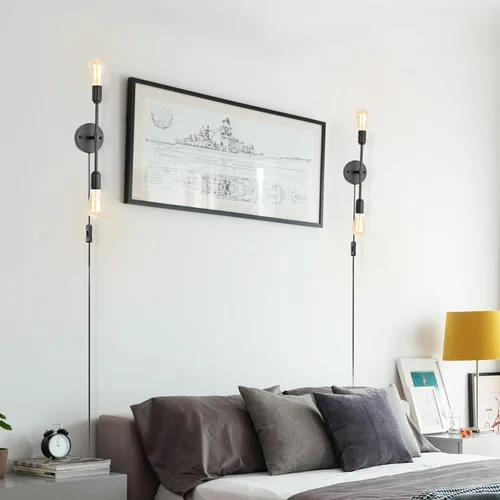 Vista 4 de Lámparas de tocador de baño negras de 2 luces, modernas lámparas de pared industriales con cable de interruptor de encendido/apagado, juego de dos