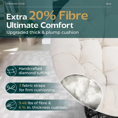 Vista 3 de Bme Silla Papasan ergonómica de mimbre de 40 pulgadas con cojín y marco suaves y gruesos, giro de 360°, círculo, lectura, silla cómoda para sala