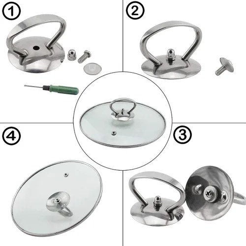 Vista 4 de Pomo universal para tapa de olla, mango de repuesto de acero inoxidable para utensilios de cocina, perilla de agarre con tres tornillos de montaje
