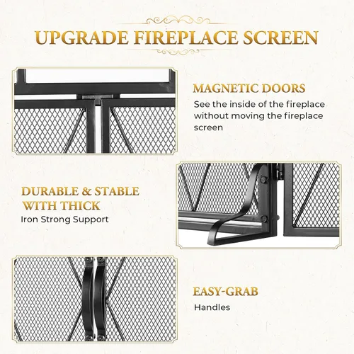 Vista 7 de Pantalla de Chimenea de Doble Puerta 5 en 1 49.6''x 30.7'' Grande 3 Paneles Plegable de Hierro Forjado Independiente Pantalla de Chimenea Rústica