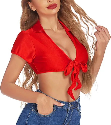 Vista 2 de Avidlove Lencería para mujer, ombliguera con lazo, camisa de cosplay, manga corta, bolero, cárdigan