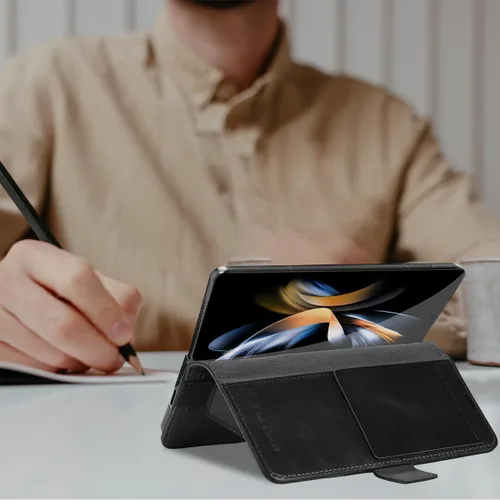 Vista 5 de KEZiHOME Funda tipo cartera de piel auténtica para Samsung Galaxy Z Fold 6 Negro