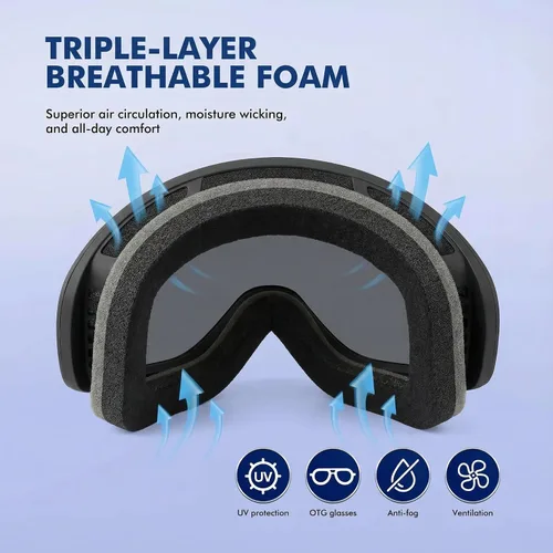 Vista 4 de Gafas de esquí cilíndricas, gafas de snowboard OTG para hombres y mujeres, antivaho y 100% protección UV400, gafas de nieve para esquí y snowboard
