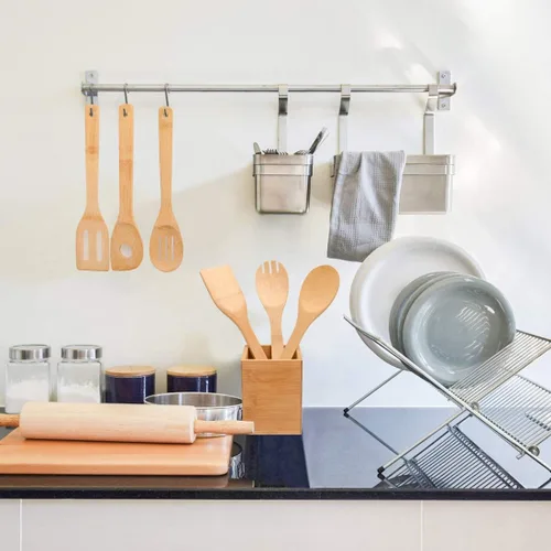Vista 5 de Utensilios de cocina de bambú, 6 piezas de espátula antiadherente con asas, juego de espátulas resistentes al calor, utensilios de cocina