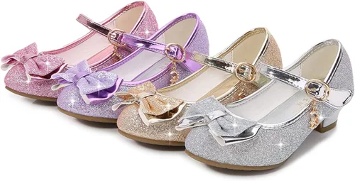Vista 5 de Zapatos de vestir para niñas con lazo de princesa y tacón alto Mary Jane con purpurina, para fiesta de boda para niños pequeñosgrandes