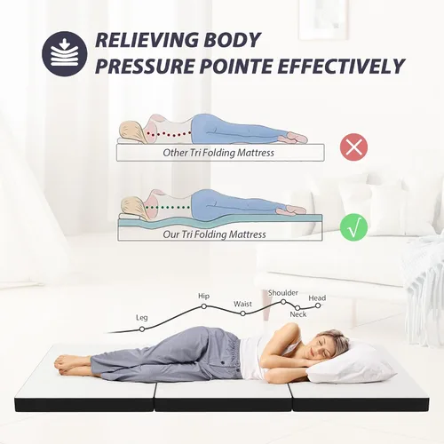 Vista 4 de Colchón plegable, colchón de espuma viscoelástica de gel de tres pliegues, colchón plegable portátil con funda lavable y parte inferior