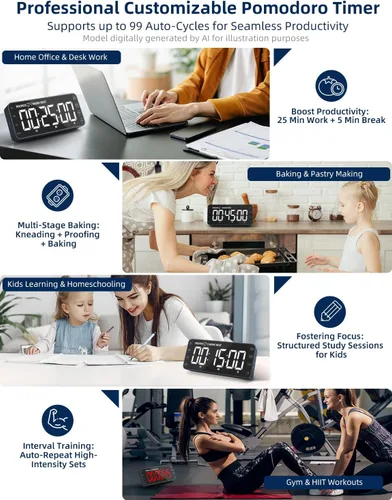 Vista 6 de Temporizador digital de cocina de 7.8 pulgadas con pantalla LED grande, temporizador de cuenta regresiva recargable magnético, 5 alarmas y 4 niveles