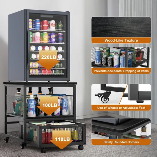 Vista 4 de Mini soporte para refrigerador de 21 x 21 pulgadas con almacenamiento, mini mesa de refrigerador resistente con 4 ruedas bloqueables para cafetería