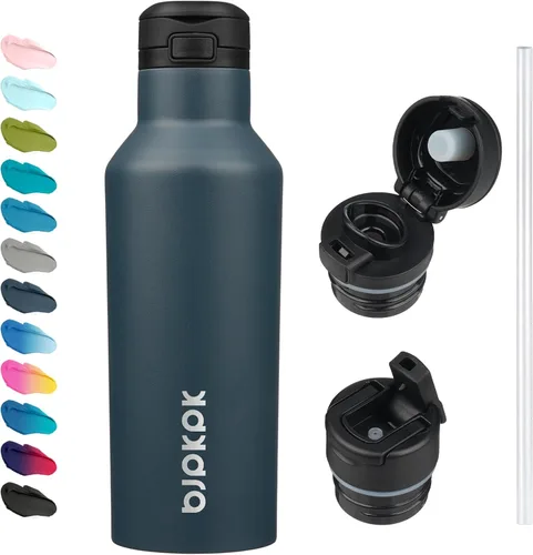Vista 13 de BJPKPK Botella de agua aislada con pajilla, botellas de agua de acero inoxidable de 17 onzas con 2 tapas y asa de transporte, botella térmica