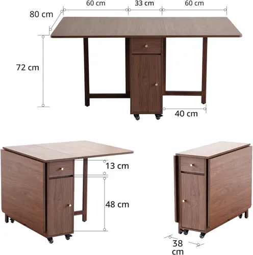 Vista 3 de COMUHOME Mesa de comedor extensible plegable con hoja abatible, con 2 cajones y 4 ruedas para sala de estar, cocina, estilo granja, mesa ahorradora