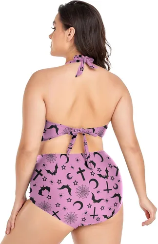 Vista 2 de Bikini de 2 piezas para mujer, talla grande, cintura alta, cuello halter, fruncido, control de abdomen Murciélagos Cruces Estrellas