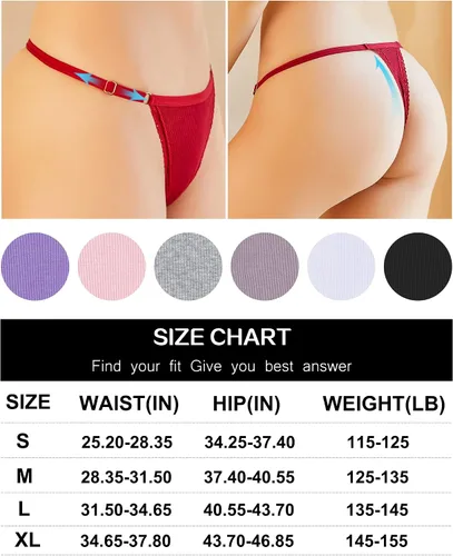 Vista 5 de CUTE BYTE Adjustable G String Thongs for Women Sexy Underwear T-back Cotton Panties with Lace Trim Low Rise Stretchy 6 Pack