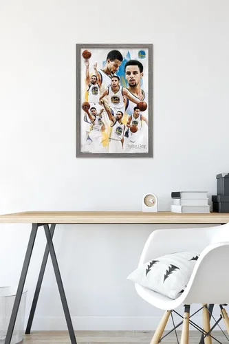 Vista 6 de Trends International NBA Golden State Warriors - Póster de pared de Stephen Curry 16, 14.725 x 22.375 pulgadas, versión enmarcada de madera