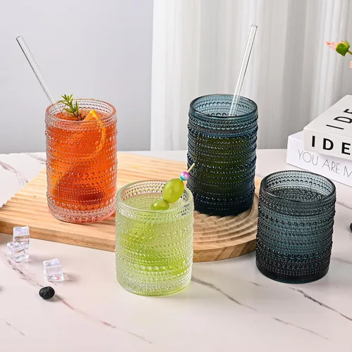 Vista 6 de ZMOWIPDL Juego de Cristalería Vintage de 12 Vasos para Beber, Azul 12oz y 15oz Vasos de Vidrio Hobnail, Vaso de Agua en Relieve, para Cerveza