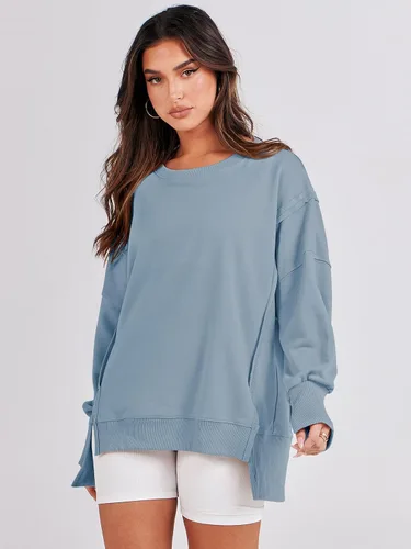 Vista 4 de LOGENE Sudadera de gran tamaño para mujer, cuello redondo, manga larga, casual, con abertura, ropa de otoño 2023