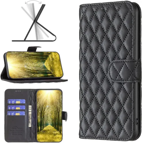 Vista 3 de Case for Xiaomi Redmi Note 10 4G/Note 10S,Rhombus Lambskin Pattern Premium Leather Wallet Kickstand Flip Case Magnetic Clasp Cover Black