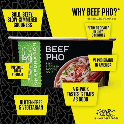 Vista 6 de Snapdragon Pho Bowls - Paquete de 6 fideos instantáneos con caldo de carne vietnamita para sorber y fideos de taza de arroz sin gluten. Microondas