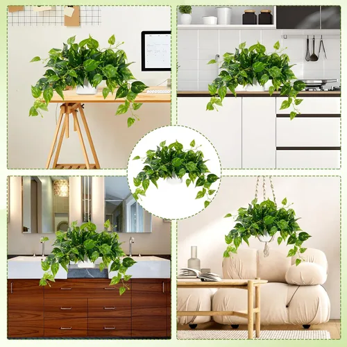 Vista 7 de Waipfaru Plantas artificiales para interiores, plantas artificiales realistas colgantes con macetas de plástico, potos artificiales para el hogar