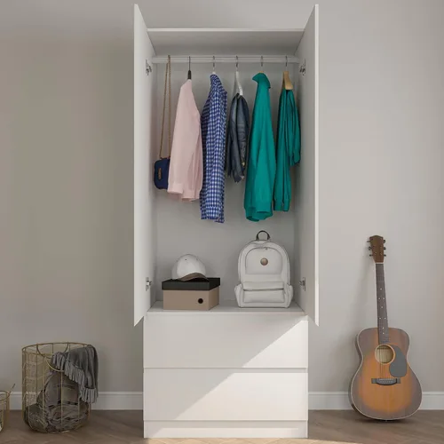 Vista 4 de Armario Armario con 2 cajones y 2 puertas, Armarios y armario con barra para colgar, Armario para dormitorio, color blanco