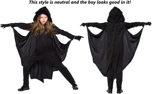 Vista 2 de COOLJOY Disfraz unisex de murciélago vampiro para niños, conjunto de disfraz de Halloween