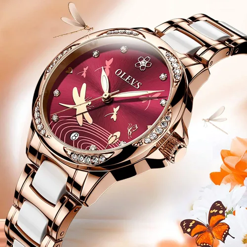 Vista 7 de OLEVS Relojes automáticos de esfera roja para mujer cuerda automática pulseras de dos tonos de oro rosa reloj de mujer relojes de moda reloj