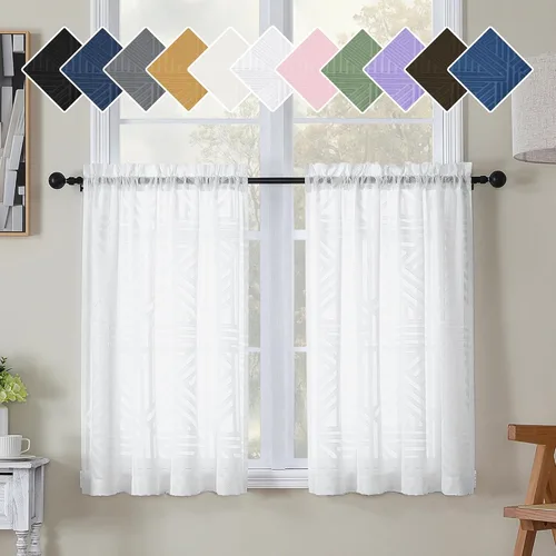Vista 92 de Simplebrand Cortinas traslúcidas negras de cocina de 24 pulgadas de largo, 2 paneles, filtrado de luz, geométrico jacquard con textura, cortinas