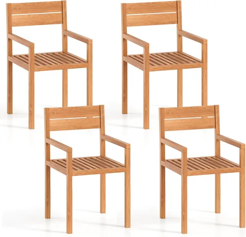 Vista 10 de HAPPYGRILL Silla de comedor de madera de teca, sillón de muebles de madera para exteriores con asiento y respaldo de listones, para patio trasero