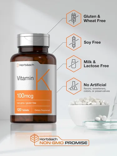 Vista 5 de Horbäach Suplemento de vitamina K 100mcg 120 tabletas Suplemento vegetariano, sin OMG y sin gluten