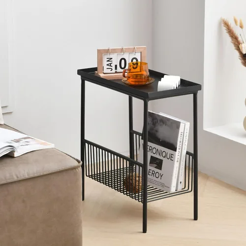 Vista 2 de Mesa de Café Creativa Mesa Auxiliar Salón Pequeño Sofá Mini Mesa de Centro Dormitorio Cabecera Sencilla Doble Estante Mesa Móvil para Espacios Negro