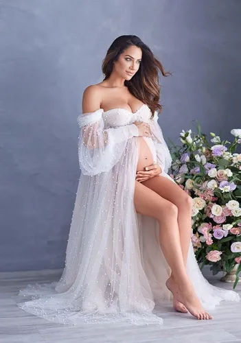 Vista 5 de yinyyinhs Vestido de maternidad de tul con perlas para sesión de fotos, manga larga hinchada, hombros descubiertos, vestido de maternidad para baby