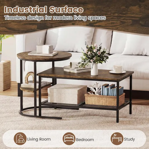 Vista 6 de Giantex Juego de 2 mesas auxiliares anidadas, mesa rectangular desmontable y mesa redonda con veta de madera, marco de metal dorado resistente, mesa