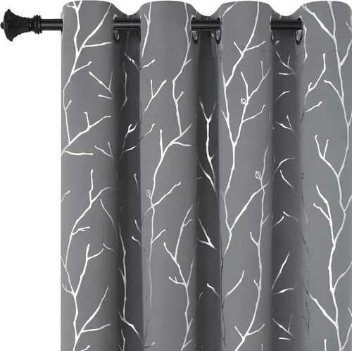 Vista 80 de BUHUA Cortinas pequeñas para ventana de 36 pulgadas de largo, 2 paneles, cortinas opacas con elegantes ramas de árbol plateadas, cortinas de bloqueo
