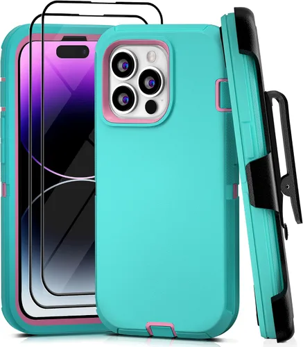 Vista 31 de Funda para iPhone 13 con 2 protectores de pantalla, resistente de grado militar, funda de cuerpo completo para hombres y mujeres (aguamarina + rosa)