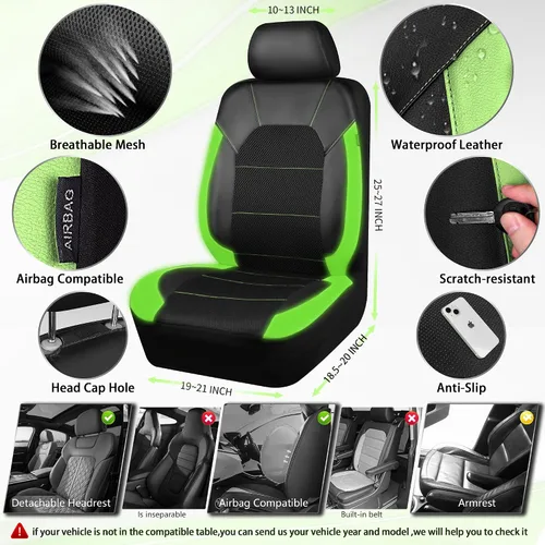 Vista 2 de CAR PASS Fundas de cuero para asientos delanteros solamente, con fundas de asiento delantero de malla de aire, transpirables, fundas de asiento Verde