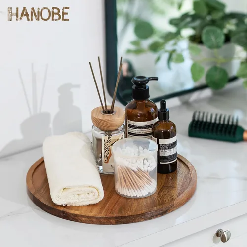 Vista 3 de Hanobe Bandeja de madera Lazy Susan: mesa giratoria redonda de madera de acacia bandejas decorativas para mesa de centro de mesa de centro de mesa