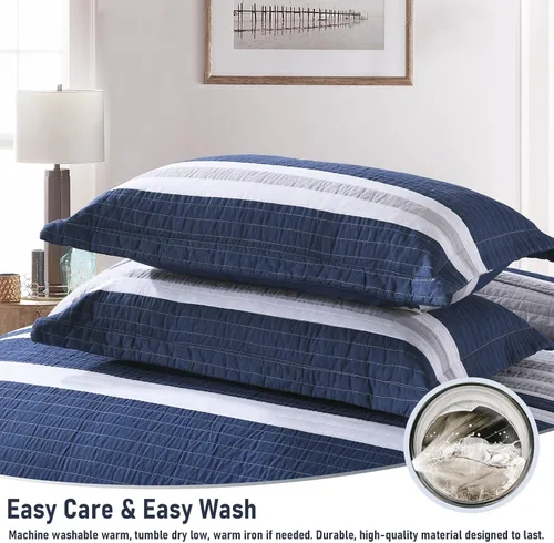 Vista 6 de Finlonte Juego de ropa de cama ligera de verano 100% algodón, a rayas azul marino, para todas las estaciones, 3 piezas