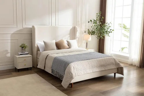 Vista 6 de Base de cama tapizada tamaño Queen, cabecera acolchada de 54" con respaldo geométrico, plataforma tapizada para dormitorio de niños, adolescentes