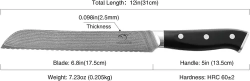 Vista 4 de Cuchillo de cocina Damasco, cuchillo de pan dentado de 8 pulgadas con mango ergonómico de madera antideslizante, afilado, ligero, control superior