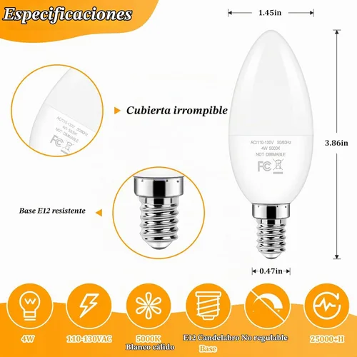 Vista 2 de Bombillas Brightever de candelabro E12 LED, equivalentes a 40 vatios, 4 W, blanco cálido 2700 K, bombillas para ventiladores de techo, luces de vela
