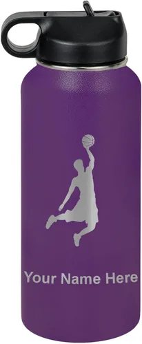 Vista 48 de LaserGram Botella de Agua Personalizada, Basketball Slam Dunk Man, Acero Inoxidable de Doble Pared con Aislamiento al Vacío con Pajita Abatible