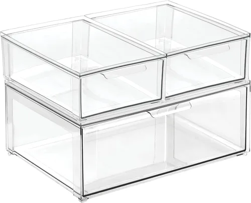 Vista 6 de mDesign - Contenedores organizadores de almacenamiento apilables de plástico para baño con cajón frontal extraíble para encimera de baño, tocador