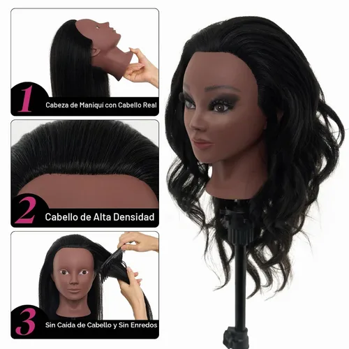 Vista 4 de Cabeza de maniquí de 18 pulgadas de cabello humano con soporte - Cabeza de maniquí 100% cabello real para práctica de maquillaje, cabeza de muñeca