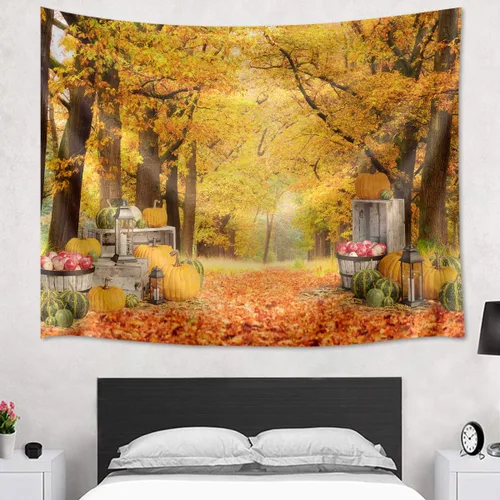 Vista 2 de HVEST Tapiz de hojas de arce otoñales para colgar en la pared, hojas de arce caídas, bosque y calabaza, tapiz para colgar en la pared, tapiz