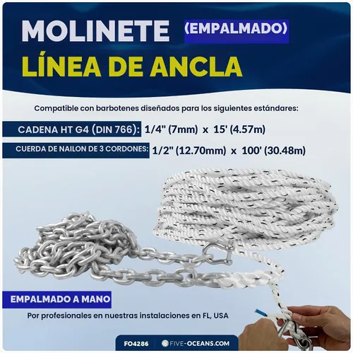 Vista 2 de Five Oceans Cadena y cadena de anclaje de molinete, cuerda de anclaje empalmada a mano y kit de cadena, cuerda de nailon de 3 hebras, cadena