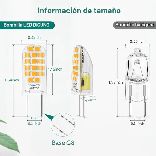 Vista 3 de DiCUNO Bombilla LED G8 regulable, equivalente a 20 W, blanco cálido 2700 K