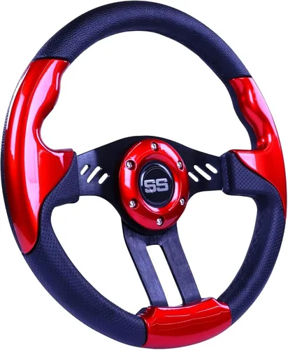 Vista 2 de Huskey E-Z-GO - Volante rojo con radios cepillados, agarre de textura de fibra de carbono, adaptador de cubo negro mate para medallista TXT RXV